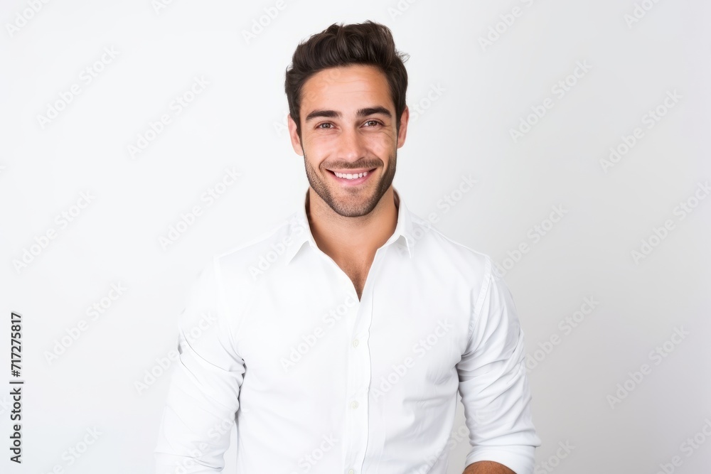 Portrait of a handsome young man smiling and looking at camera over white background Portrait of a handsome young man smiling and looking at camera over white background
