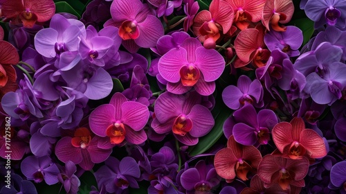 Lush orchid blooms in a vibrant array of purples and magentas generative ai
