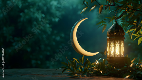 Ramadan lantern in the green dark background