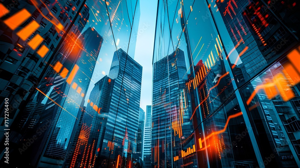 Silhouettes of skyscrapers with superimposed stock market graphs. iconic illustration of financial transaction growth indicators. generative AI Silhouettes of skyscrapers with superimposed stock market graphs. iconic illustration of financial transaction growth indicators. generative AI