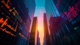 Silhouettes of skyscrapers with superimposed stock market graphs. iconic illustration of financial transaction growth indicators. generative AI