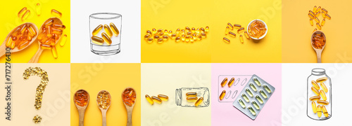 Collage of fish oil pills on color background