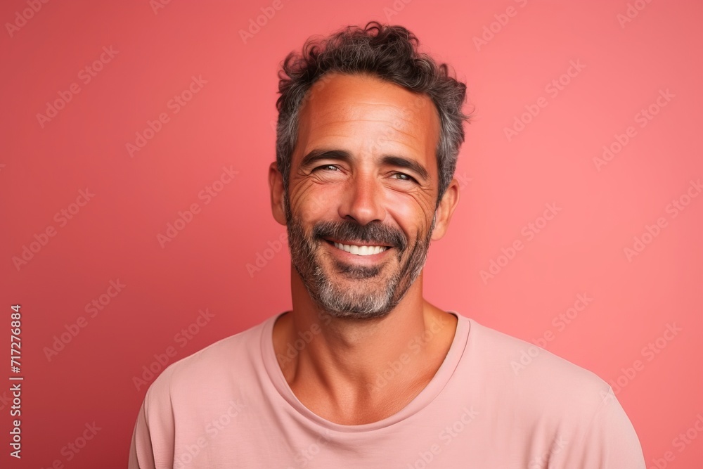 Portrait of a happy mature man smiling and looking at the camera against pink background Portrait of a happy mature man smiling and looking at the camera against pink background