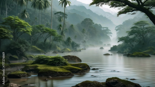 Amazon rainforest misty river landscape. Nature wallpaper design. Generative ai photo