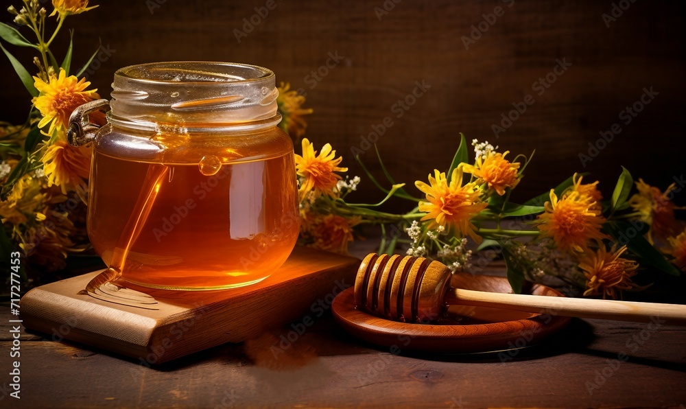 Honey in a glass jar and honey dipper on a wooden background Honey in a glass jar and honey dipper on a wooden background