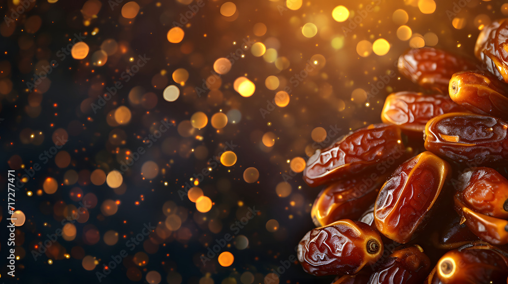 Dates fruit in the golden sparkling background. Ramadan food. Iftar and fasting concept. Dates fruit in the golden sparkling background. Ramadan food. Iftar and fasting concept.