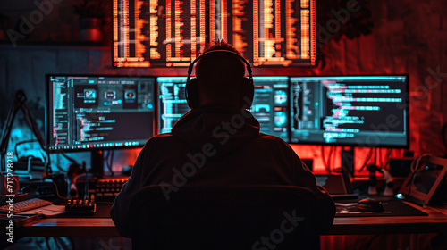 A hacker sitting in front of the monitors. Safety and programming concept