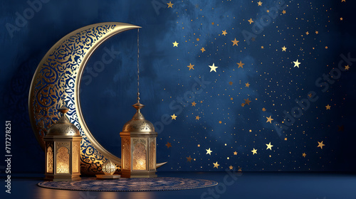 3D Ornament ramadan lantern and crescent moon. Ramadan mubarak background, hari raya, eid al fitr, eid al adha. Greetings card for muslim holidays. Ramadan template banner.