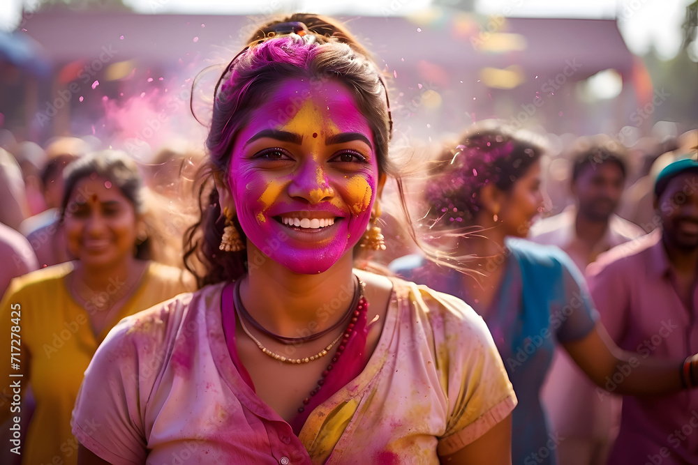 Celebrating Holi Festival of Colors, Happy Indian woman with colorful Holi powder on face and body, generative AI Celebrating Holi Festival of Colors, Happy Indian woman with colorful Holi powder on face and body, generative AI