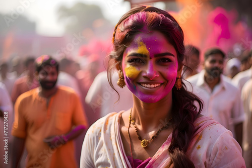 Celebrating Holi Festival of Colors, Happy Indian woman with colorful Holi powder on face and body, generative AI