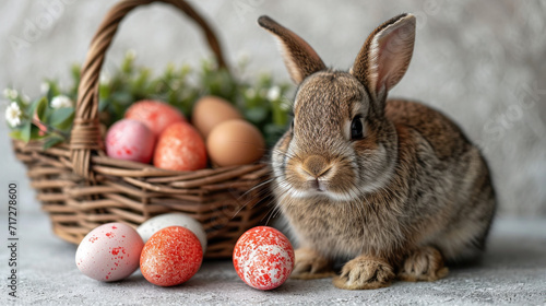 Rabbit Beside Basket Full of Patterned Eggs, Easter Morning