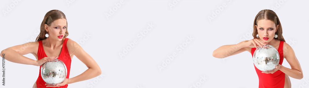 Naklejka premium Fashionable young woman with disco ball on white background