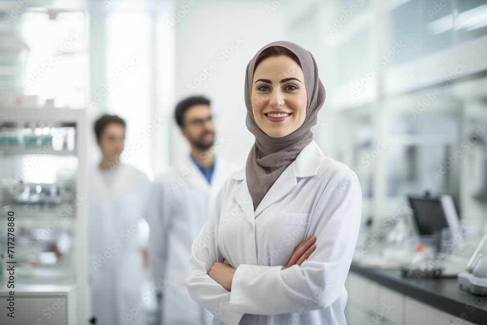 Smiling Middle Eastern Female Scientist in Busy Laboratory