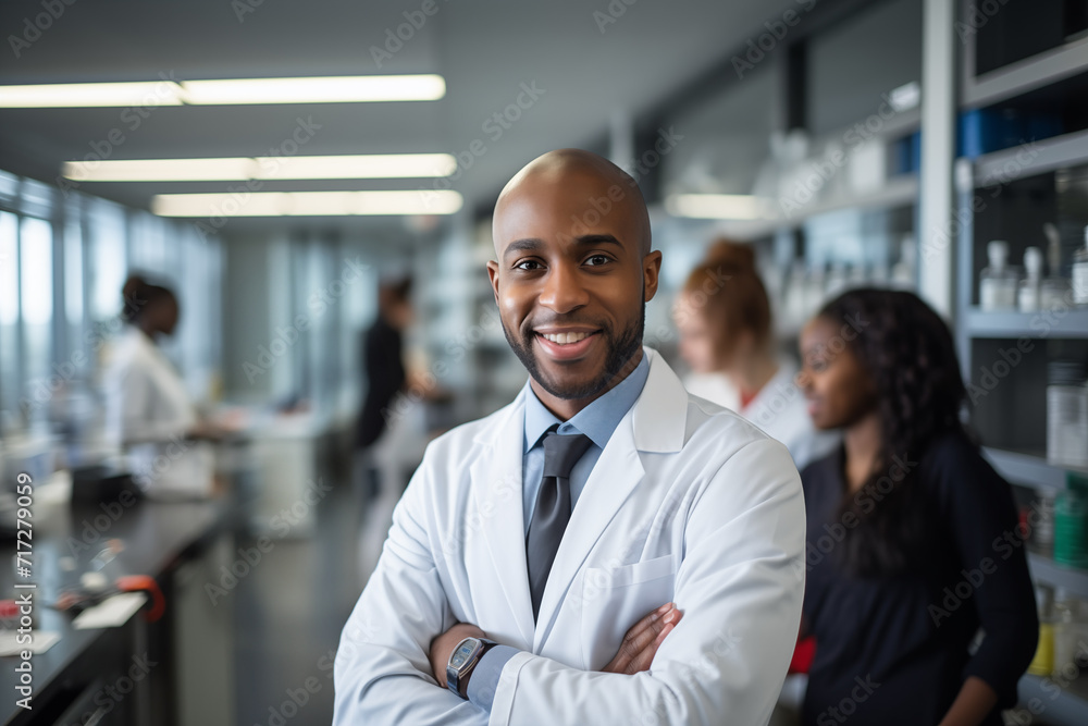 Black Male Scientist Smiling in Busy Laboratory Black Male Scientist Smiling in Busy Laboratory