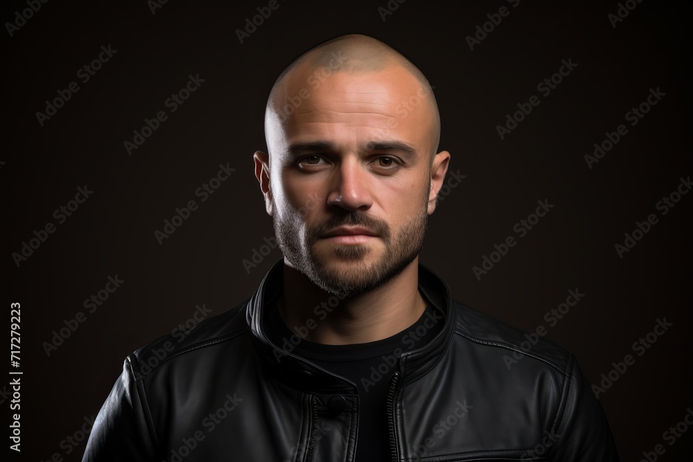 Portrait of a bald man in a black leather jacket on a dark background Portrait of a bald man in a black leather jacket on a dark background