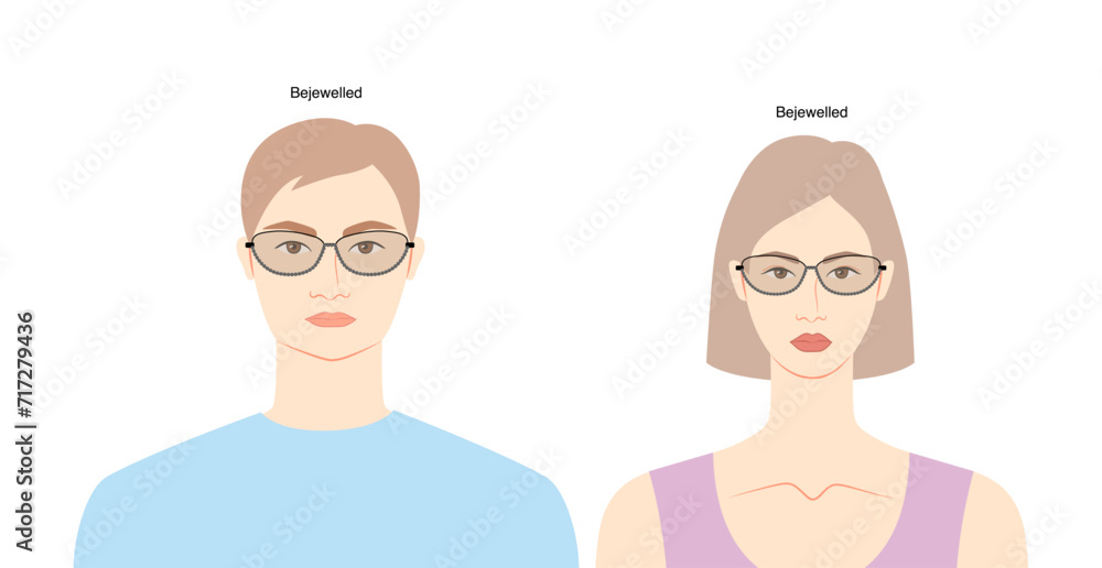 Bejewelled Almond frame glasses on women and men flat character fashion accessory illustration. Sunglass unisex silhouette style, rim spectacles eyeglasses with lens sketch outline isolated on white Bejewelled Almond frame glasses on women and men flat character fashion accessory illustration. Sunglass unisex silhouette style, rim spectacles eyeglasses with lens sketch outline isolated on white