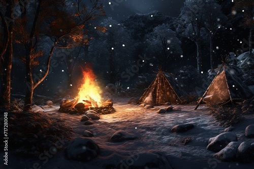Camping in the forest at night with bonfire and tent, Ai Generated