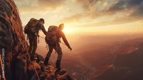 Climbers with backpacks on the background of beautiful sunset, Ai Generated