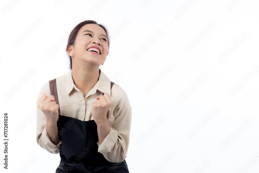 Portrait young asian barista woman wearing apron standing and smile isolated white background, waitress or entrepreneur cheerful, small business or startup, waiter of cafe or coffee shop. Portrait young asian barista woman wearing apron standing and smile isolated white background, waitress or entrepreneur cheerful, small business or startup, waiter of cafe or coffee shop.