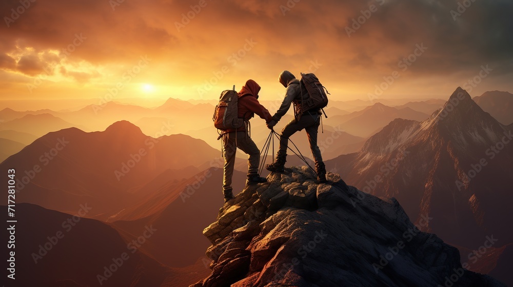 Couple of climbers with backpacks on the mountain top at sunset, Ai Generated