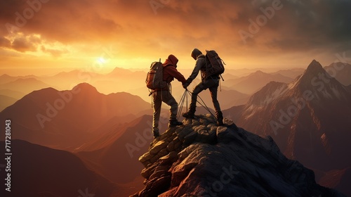 Couple of climbers with backpacks on the mountain top at sunset, Ai Generated © Mediapro