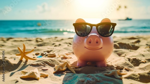 Piggy bank wearing sunglasses on a sunny beach generative ai © ThisDesign