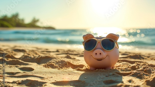 Piggy bank wearing sunglasses on a sunny beach generative ai