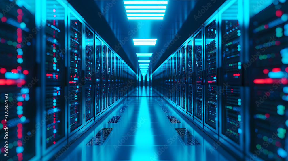 Data server room with server racks. Cloud server room with racks of network servers. Data server room with server racks. Cloud server room with racks of network servers.
