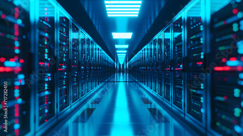 Data server room with server racks. Cloud server room with racks of network servers. © jxvxnism