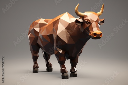 Low poly brown bull isolated on gray background, 3d render illustration, AI Generated photo