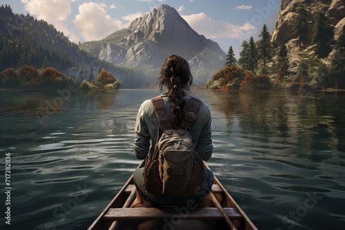 Man in a kayak, mountains in front, and the lake, Ai Generated