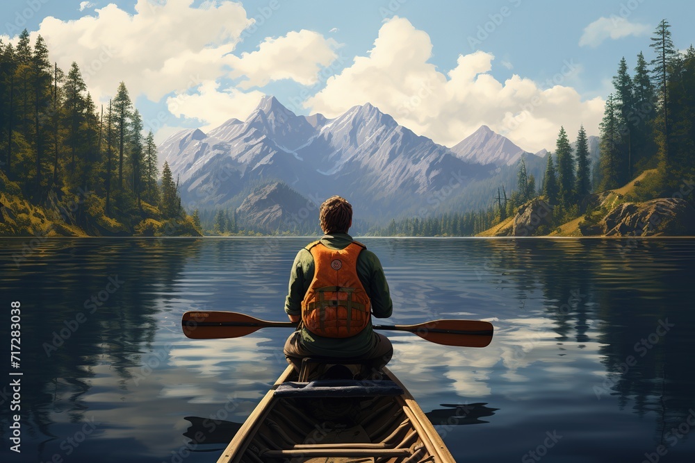 Man paddling a kayak on a beautiful mountain lake, 3D Rendering, Ai Generated Man paddling a kayak on a beautiful mountain lake, 3D Rendering, Ai Generated