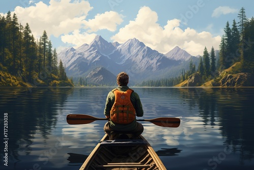Man paddling a kayak on a beautiful mountain lake, 3D Rendering, Ai Generated © Mediapro
