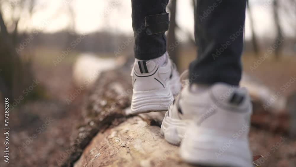 boy play in a forest park. A close-up of a child's feet walking along a log of a fallen tree. happy family child lifestyle dream concept. girl child in sneakers walks on a fallen tree in a park boy play in a forest park. A close-up of a child's feet walking along a log of a fallen tree. happy family child lifestyle dream concept. girl child in sneakers walks on a fallen tree in a park