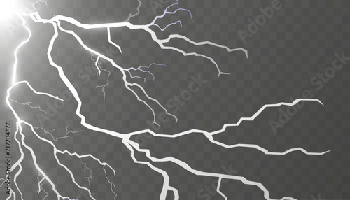 Set of lightnings. Thunder-storm and lightnings. Magic and bright lighting effects. Vector Illustration photo