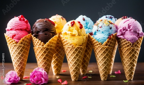 Colorful ice cream scoops in waffle cones on black background