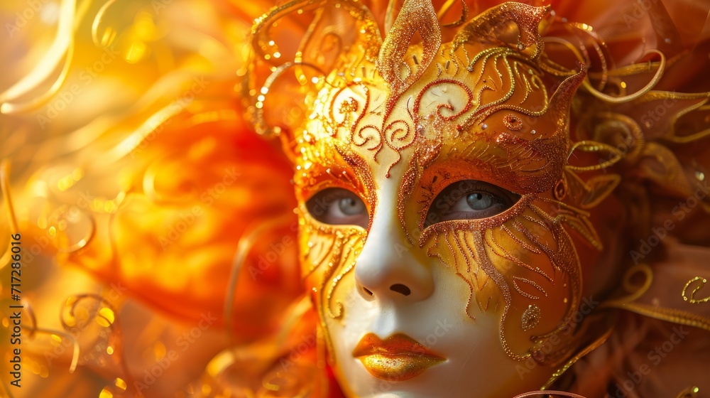 Radiant sun-inspired masquerade mask in shades of orange and yellow generative ai