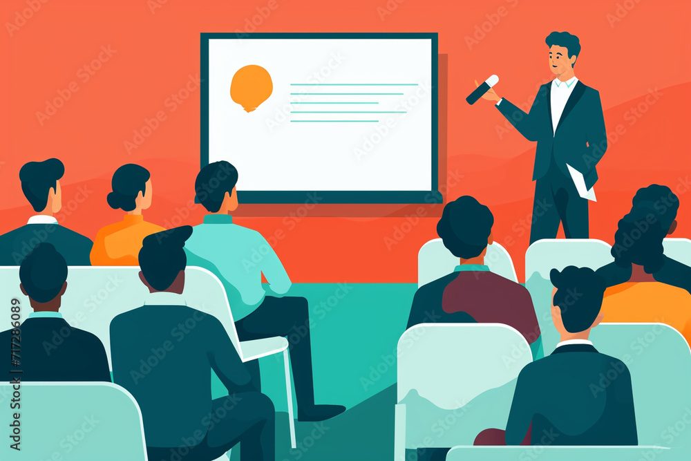 Illustration of a business presentation with a person addressing a seated audience, Flat illustration Illustration of a business presentation with a person addressing a seated audience, Flat illustration