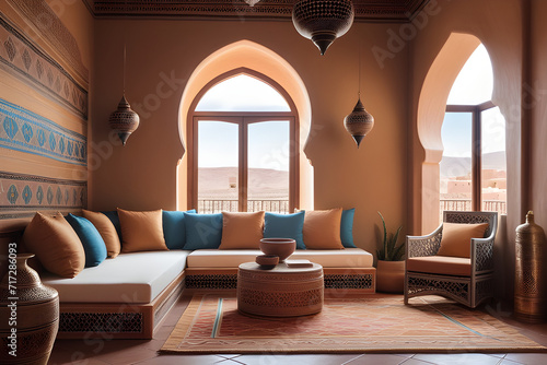 interior of room or apartment in Moroccan style, earth tone. 3d rendering © Nyetock