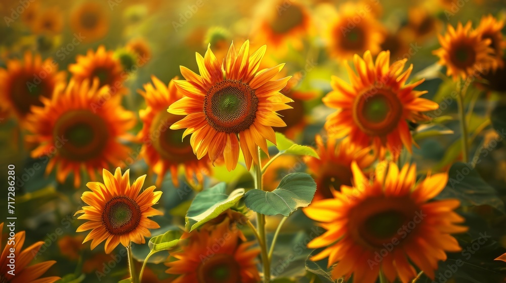 Radiant sunflowers in a tropical field, basking in golden yellows and deep oranges generative ai Radiant sunflowers in a tropical field, basking in golden yellows and deep oranges generative ai
