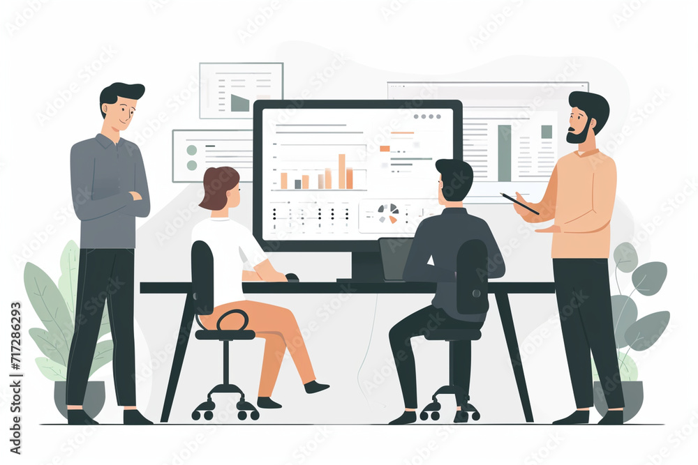 Illustration of a project debrief with team members standing around a monitor, Flat illustration Illustration of a project debrief with team members standing around a monitor, Flat illustration
