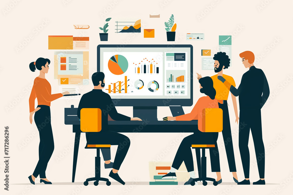 Illustration of a project debrief with team members standing around a monitor, Flat illustration Illustration of a project debrief with team members standing around a monitor, Flat illustration