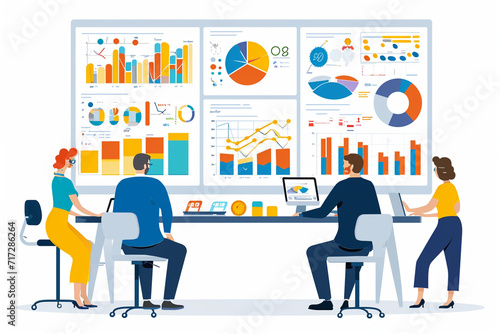 Illustration of a strategic planning session with graphs and charts, Flat illustration