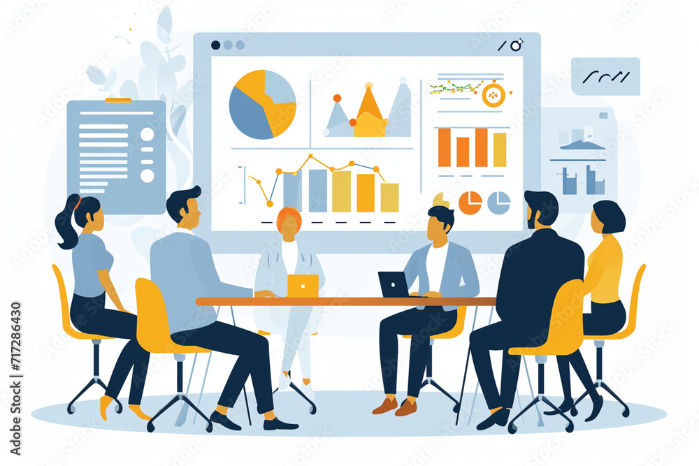 Illustration of a financial review meeting with advisors and clients, Flat illustration