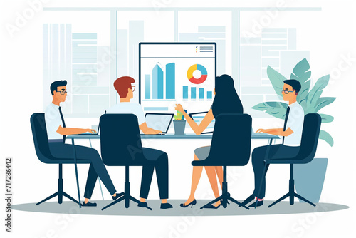 Illustration of a financial review meeting with advisors and clients, Flat illustration