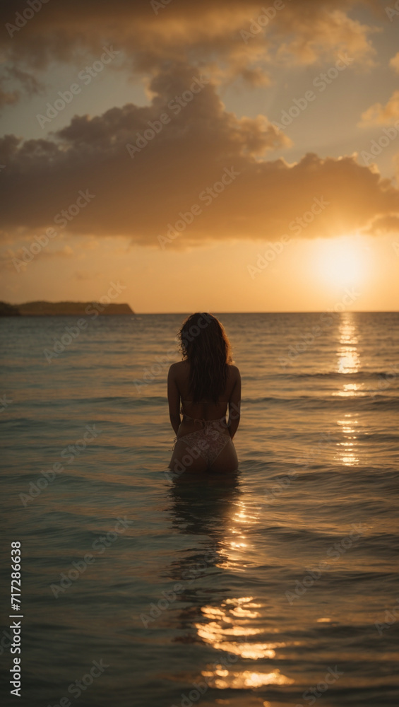 Rear view shot from behind of a young woman spending time meditating in the sea at sunset
Rear view shot from behind of a young woman spending time meditating in the sea at sunset