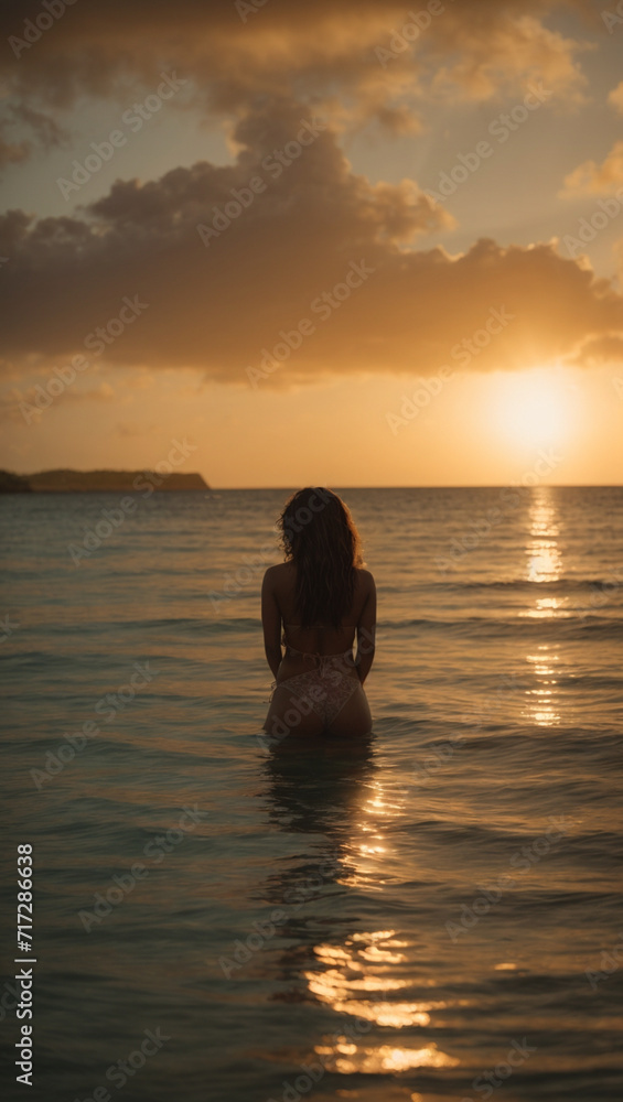 Rear view shot from behind of a young woman spending time meditating in the sea at sunset
