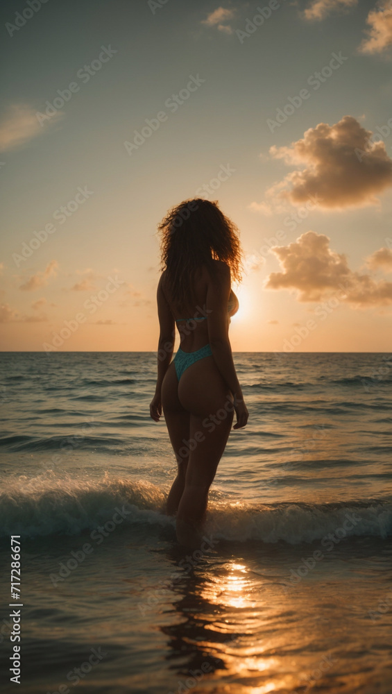 Rear view shot from behind of a young woman spending time meditating in the sea at sunset
