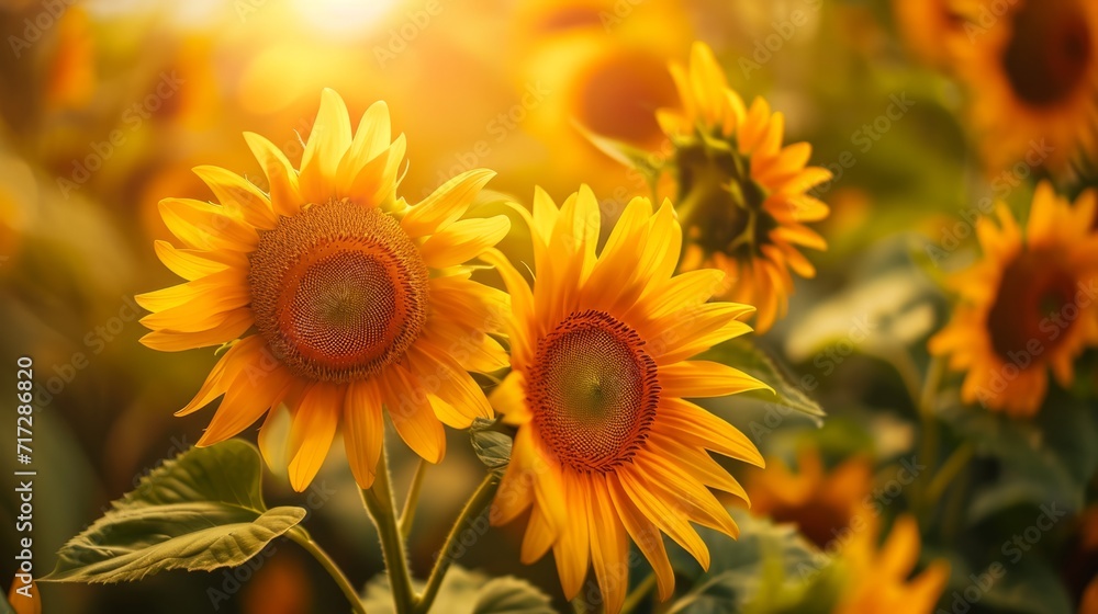 Radiant sunflowers in a tropical field, basking in golden yellows and deep oranges generative ai Radiant sunflowers in a tropical field, basking in golden yellows and deep oranges generative ai