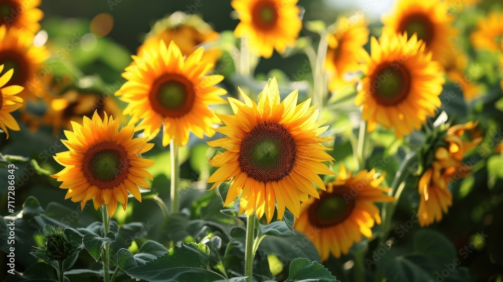 Fototapeta premium Radiant sunflowers in a tropical field, basking in golden yellows and deep oranges generative ai
